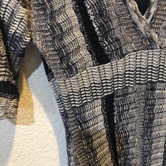 INC metallic‎ knit black faux wrap midi short sleeve polyester dress size Medium - Picture 2 of 9